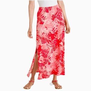 Chico’s Tropical Palm Leaf Midi Skirt – Red & Pink Print Sz 2P/12
